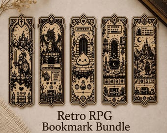 Retro RPG Bookmark Bundle SVG DXF Ai Lightburn, 5 Pixel Fantasy Laser Cut Designs