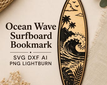 Ocean Wave Surfboard Bookmark SVG | Laser Cut File DXF PNG (Digital Download)