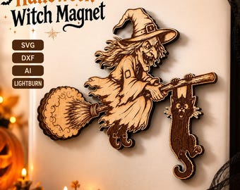Witch Hanging Cat Magnet Laser Cut File | 3mm Wood Halloween SVG (Digital Download)
