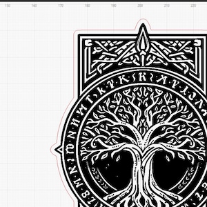 May include: Black and white graphic of a tree with intricate branches and roots, encircled by runes. The design features a detailed, symmetrical pattern, with a stylized tree at the center, and a decorative border.