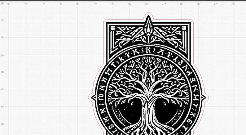 May include: Black and white graphic of a tree with intricate branches and roots, encircled by runes. The design features a detailed, symmetrical pattern, with a stylized tree at the center, and a decorative border.