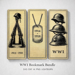 Puede incluir: Un conjunto de tres marcapáginas de madera con estética vintage. Los marcapáginas presentan ilustraciones de símbolos de la Primera Guerra Mundial, incluyendo fusiles cruzados, una chapa de identificación con los años 1914-1918 y tres cascos diferentes. También está presente el texto "WWI" y "1914-1918".