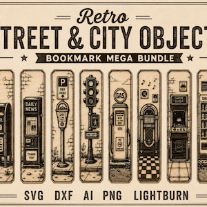 May include: A collection of ten vertical bookmarks featuring black line art illustrations of retro street and city objects, including a bus stop, mailbox, newsstand, parking meter, traffic light, gas pump, jukebox, arcade game, vending machine, and phone booth.