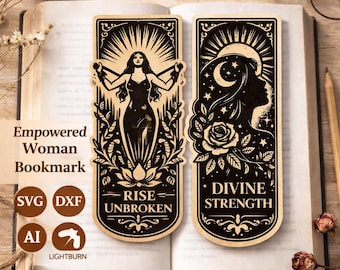 May include: Two rectangular wooden bookmarks with black laser-engraved designs. The left bookmark features a woman with arms raised and the text RISE UNBROKEN. The right bookmark shows a profile of a woman with a rose and the text DIVINE STRENGTH.
