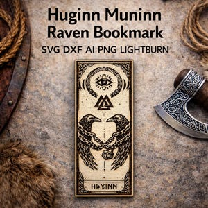May include: A wooden bookmark with the text "Huginn Muninn Raven Bookmark" and illustrations of ravens, an eye, and a symbol. The bookmark is rectangular with decorative borders and the word "Hugin" at the bottom. The image also includes an axe and rope.