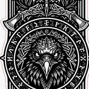 May include: Black and white graphic design featuring a detailed eagle head within a circular frame. The design includes axes, runes, and intricate knotwork, creating a bold, stylized aesthetic. The image has a strong, symmetrical composition.
