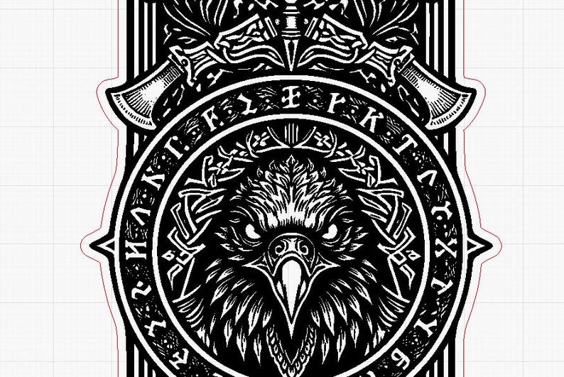May include: Black and white graphic design featuring a detailed eagle head within a circular frame. The design includes axes, runes, and intricate knotwork, creating a bold, stylized aesthetic. The image has a strong, symmetrical composition.