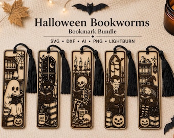 Halloween Bookworms Bookmark Bundle SVG DXF Ai PNG LightBurn Laser Engraving Book Lover Gift Set