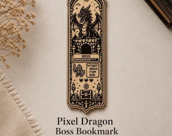Pixel Dragon Boss Bookmark SVG DXF Ai Lightburn, Retro Fantasy Laser Cut File
