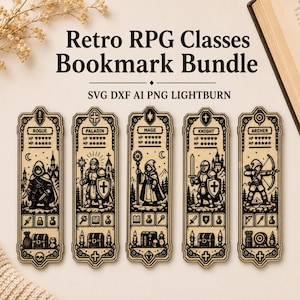 May include: A set of five rectangular wooden bookmarks featuring black engraved illustrations of RPG character classes: Rogue, Paladin, Mage, Knight, and Archer. Each bookmark displays HP and MP stats, icons, and game-themed imagery.