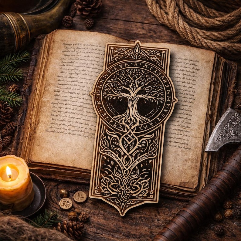 May include: A wooden bookmark with a detailed tree of life design, surrounded by runic symbols. The bookmark is set against an open book with aged pages, with a lit candle and an axe in the background. The bookmark is approximately 6 inches long.