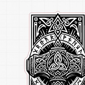 May include: Black and white graphic of a Viking Mjolnir hammer, featuring intricate knotwork and runic inscriptions. The design includes a stylized hammer head, a central knot, and a decorative border. The overall theme is Norse mythology.