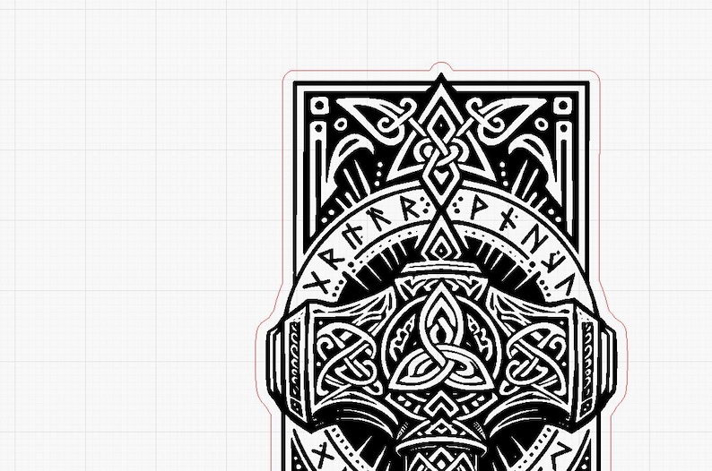 May include: Black and white graphic of a Viking Mjolnir hammer, featuring intricate knotwork and runic inscriptions. The design includes a stylized hammer head, a central knot, and a decorative border. The overall theme is Norse mythology.