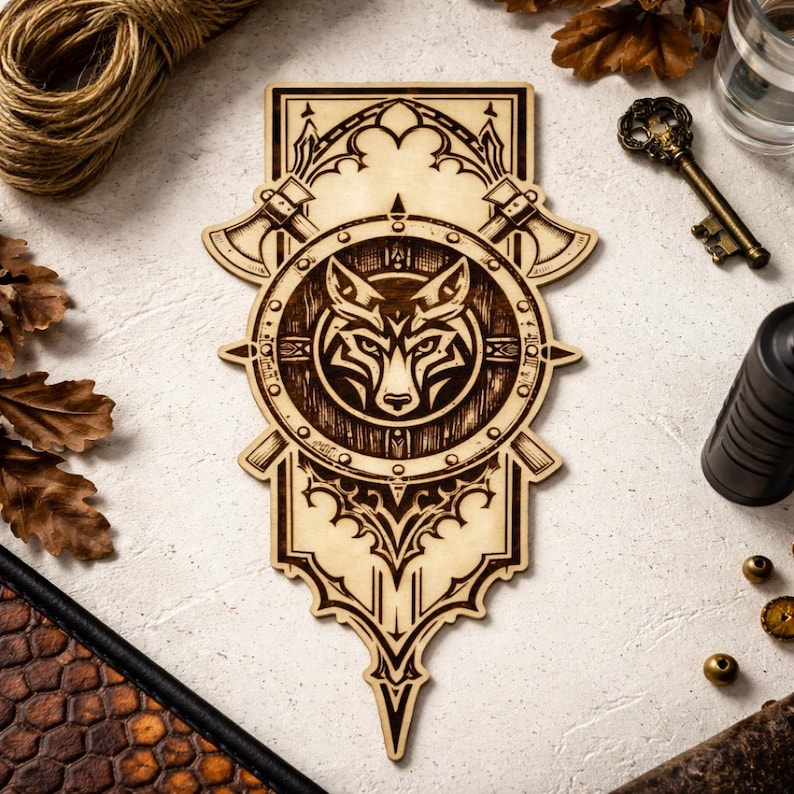 May include: A wooden shield-shaped wall decor featuring a wolf's head design in the center. The shield is flanked by two axes and has an ornate, gothic-style border. The piece is made of light-colored wood with dark brown etched details.