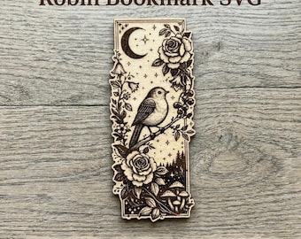 Robin Bookmark SVG, Gothic Floral Bird Laser Engraving File, DXF PNG LightBurn