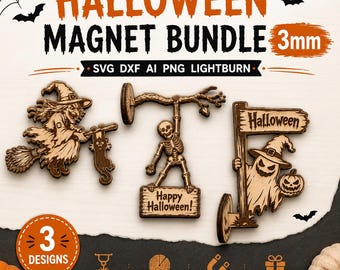 ハロウィンマグネットバンドルSVG | 3mm木材レーザーカットファイル | 魔女、幽霊、骸骨 | DXF Ai PNG LightBurn