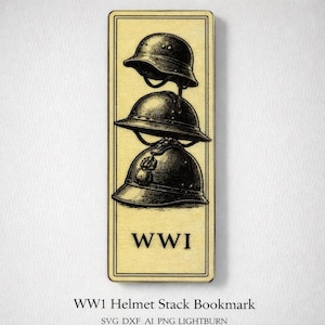 May include: A wooden bookmark featuring a stack of three detailed illustrations of World War I helmets. The word "WWI" is printed in a bold font at the bottom. The bookmark has a light brown background and a dark brown border.