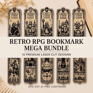 May include: A set of ten rectangular wooden bookmarks featuring laser-cut black illustrations of fantasy RPG characters and items, including Rogue, Paladin, Mage, Knight, and Archer classes with health and mana point indicators.