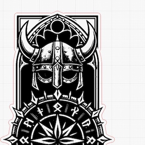 May include: Black and white Viking helmet illustration with a horned helmet and a circular design featuring runes. The design is framed within a gothic arch, creating a striking contrast.