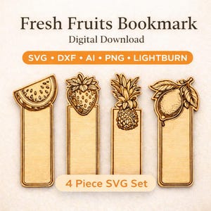 Puede incluir: Marcadores de libros de madera con diseños de frutas: una rodaja de sandía, una fresa, una piña y un limón. Los marcadores están cortados con láser con ilustraciones detalladas de frutas y el texto "Fresh Fruits Bookmark Digital Download". El conjunto incluye 4 piezas.