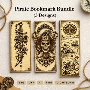 May include: A set of three wooden pirate-themed bookmarks. The bookmarks feature designs of a sword with roses, a skull wearing a pirate hat, and a treasure map with a skull and crossbones. The text "Pirate Bookmark Bundle (3 Designs)" is at the top.