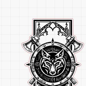May include: Black and white graphic of a shield with a wolf's head in the center, flanked by two axes. The shield has a circular design with intricate details and is surrounded by a decorative frame.