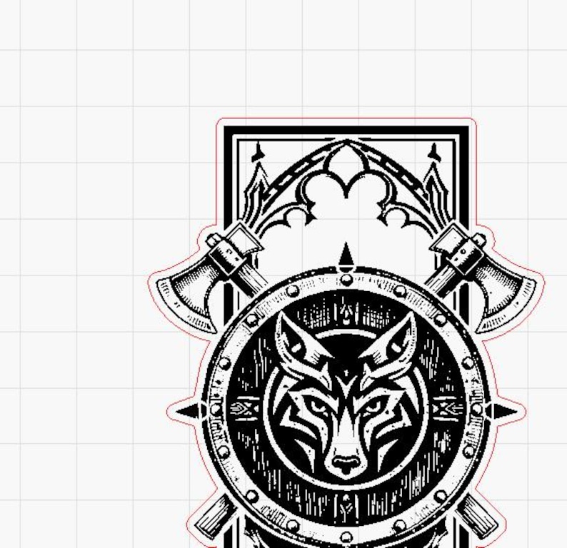 May include: Black and white graphic of a shield with a wolf's head in the center, flanked by two axes. The shield has a circular design with intricate details and is surrounded by a decorative frame.