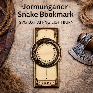 May include: A wooden bookmark with a detailed engraving of the Jormungandr snake in a circular design. The bookmark is rectangular with decorative borders and the text "Jormungandr Snake Bookmark".