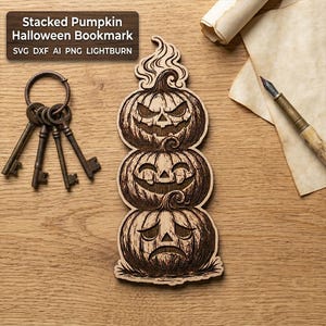 May include: A wooden bookmark featuring three stacked jack-o'-lanterns with varying expressions. The top pumpkin has a flame design. The bookmark is next to a set of antique keys. Text on a wooden sign reads "Stacked Pumpkin Halloween Bookmark".
