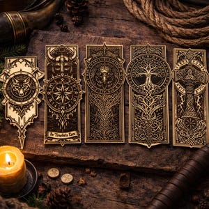 May include: Five intricately carved wooden bookmarks with Viking and Norse mythology designs. Each bookmark features a different symbol, including a wolf, a compass, an eagle, a tree of life, and a hammer. The bookmarks are displayed on a rustic wooden surface.