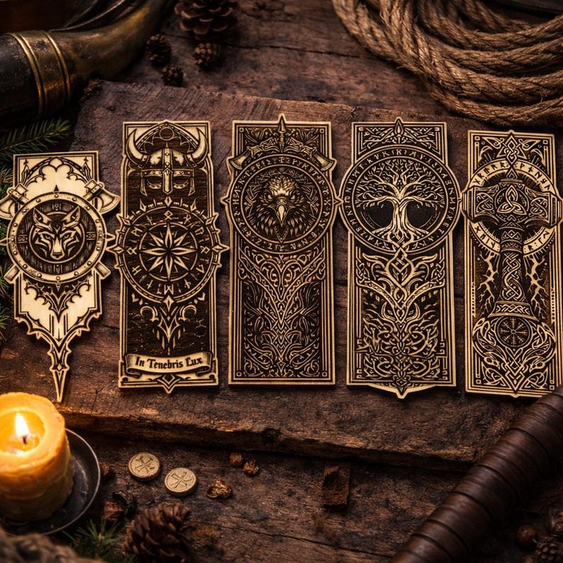 May include: Five intricately carved wooden bookmarks with Viking and Norse mythology designs. Each bookmark features a different symbol, including a wolf, a compass, an eagle, a tree of life, and a hammer. The bookmarks are displayed on a rustic wooden surface.