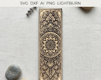 Sacred Floral Mandala Bookmark SVG DXF Ai PNG LightBurn | Intricate Laser Cut Bookmark Design