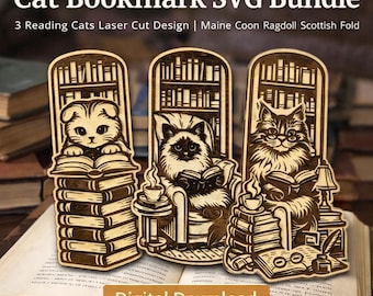 Cat Bookmark SVG Bundle | Reading Cats Laser Cut Design (Digital Download)