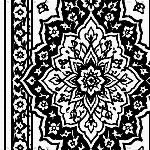 May include: A black and white graphic design featuring a central symmetrical floral medallion pattern surrounded by intricate scrolling vine and leaf motifs, all set against a clean white background with a subtle grid overlay.