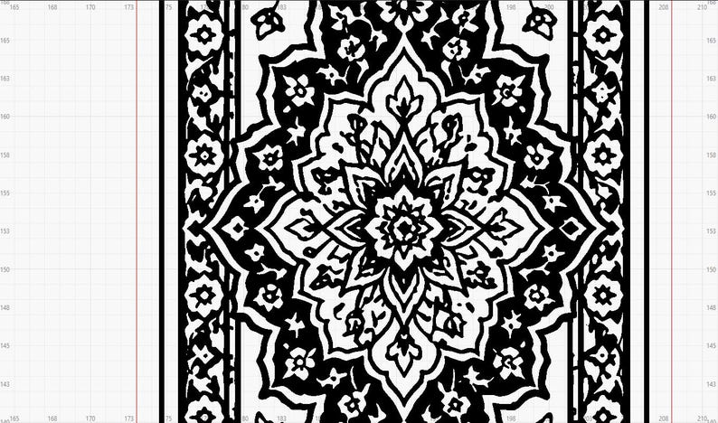 May include: A black and white graphic design featuring a central symmetrical floral medallion pattern surrounded by intricate scrolling vine and leaf motifs, all set against a clean white background with a subtle grid overlay.