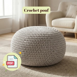 May include: A round, light gray crochet pouf with a textured surface. The pouf is made of thick yarn and sits on a neutral-colored rug. The text "Crochet pouf" is displayed on a light green background.
