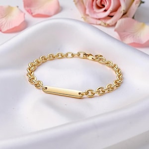 Gold Link Bracelet with Engravable Bar, 14k Gold Plated Personalised Bar Bracelet for Women, Chain Link Bracelet, Jewellery Gift for Her