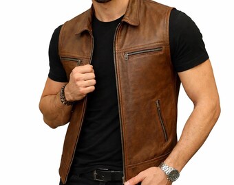 Herrväst i äkta läder – Brun motorcykelväst med smal passform