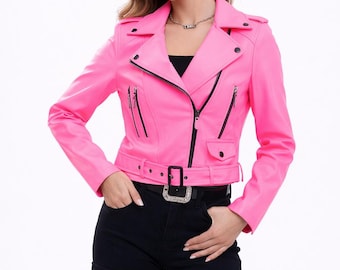 Pink Leather Biker Jacket - Women's Cropped Moto, Slim Fit