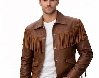 Herrjacka med fransar i äkta läder – Western Cowboy Tassel Coat Brun