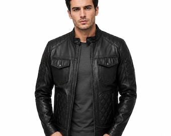 Men Real Leather Jacket - Black Biker Leather Jacket - Quilted Shoulder Motorcycle Outerwear - Handmade Slim Fit Genuine Leather Coat