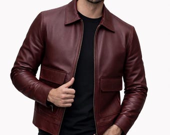 Herrröd bikerjacka i äkta läder – Slim fit motojacka, vintagestil