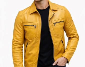 Men's Mustard Yellow Lambskin Leather Biker Jacket – Slim Fit Real Leather Coat