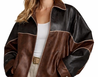 Dam tvåfärgad brun svart läderbomberjacka – överdimensionerad vintage bikerjacka