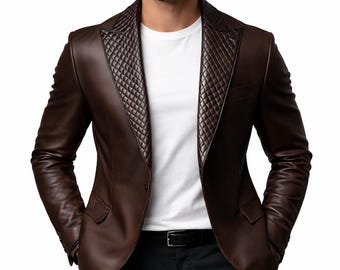 Brun läderkavaj – quiltad slag, smal passform, äkta läderjacka