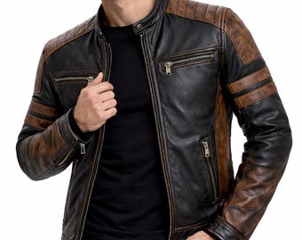 Handgjord herrjacka i slitet bikerläder – Ytterkläder i äkta fårskinn, vadderade axlar