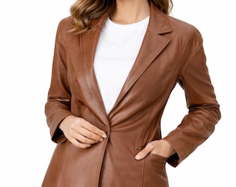 Real Leather Blazer Women - Brown Lambskin Leather Jacket - Slim Fit Genuine Leather Coat - Vintage Casual Leather Blazer