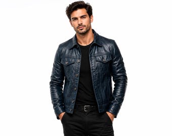 Mens Real Leather Jacket - Navy Blue Biker Jacket - Handcrafted Trucker Leather Coat - Genuine Leather Jacket Men - Gift for Him