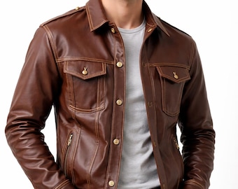 Herrjacka i äkta brunt läder – bikerjacka i vintagestil