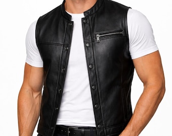 Herrbikerväst i äkta läder – Slim fit motorcykelväst